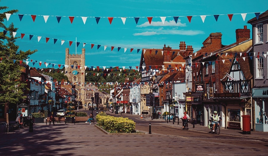 Henley-on-Thames riverside on a summer morning, looking towards Henley Bridge and the Town Hall, around the corner from the THP offices on Bell Street and Duke Street